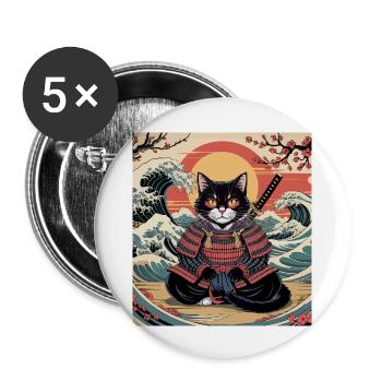 Chat samouraï avec coucher de soleil et vagues – Jap - Lot de 5 grands badges (56 mm) - blanc - Devant