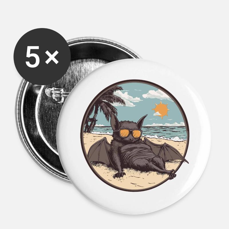 Entspannte Fledermaus am Strand - Buttons groß 56 mm (5er Pack) - Weiß