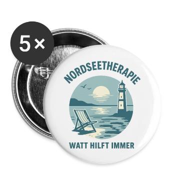Nordseetherapie - Watt hilft immer - Buttons groß 56 mm (5er Pack) - Weiß - Vorne