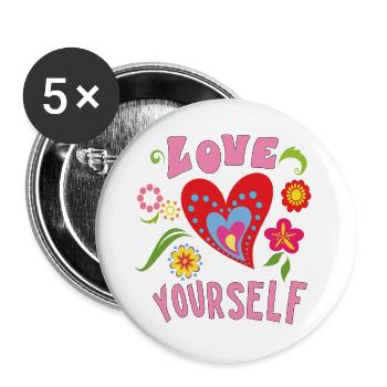 Love Yourself Herz mit kleinen Blüten - Buttons groß 56 mm (5er Pack) - Weiß - Vorne