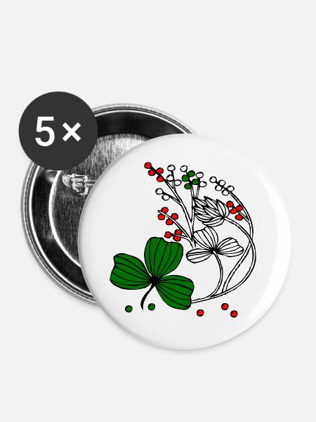 Wildblumen mit roten und grünen Beeren - Buttons groß 56 mm (5er Pack) - Weiß