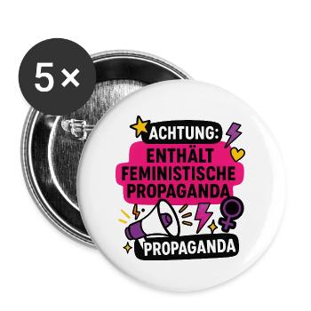 Achtung: Enthält feministische Propaganda - Buttons groß 56 mm (5er Pack) - Weiß - Vorne