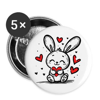 Liebeshase voller Herzen - Buttons groß 56 mm (5er Pack) - Weiß - Vorne