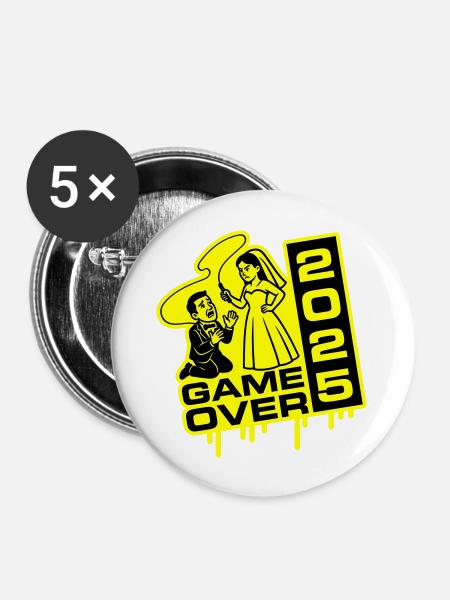 Hochzeit Game Over 2025 - Buttons groß 56 mm (5er Pack) - Weiß