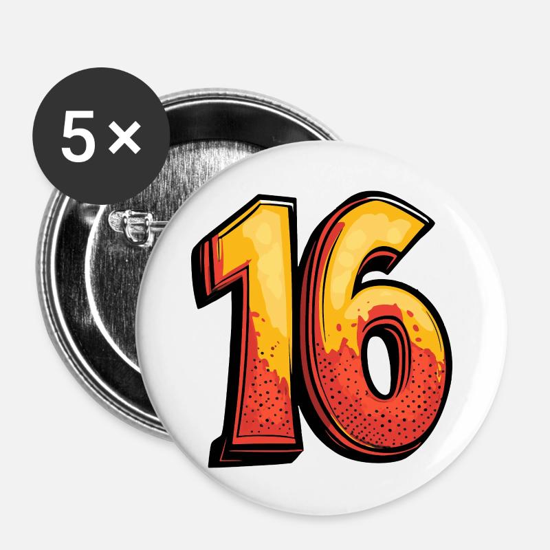16 Zahl Comic - Buttons groß 56 mm (5er Pack) - Weiß