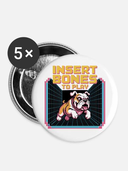 Retro Bulldog Gamer Insert Bones - Buttons groß 56 mm (5er Pack) - Weiß
