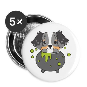 Australian Shepherd Happy Halloween Hexenkessel - Buttons groß 56 mm (5er Pack) - Weiß - Vorne