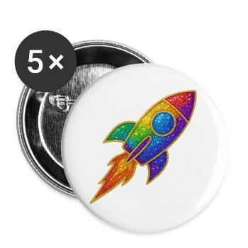 Regenbogen Rakete Glitzer Design - Buttons groß 56 mm (5er Pack) - Weiß - Vorne