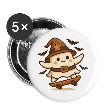 Skater‑Geist mit Hexenhut – Retro Halloween Shirt - Buttons groß 56 mm (5er Pack) - Weiß - Vorne