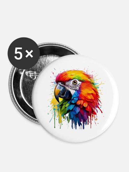Bunter Paradiespapagei Splash - Buttons groß 56 mm (5er Pack) - Weiß