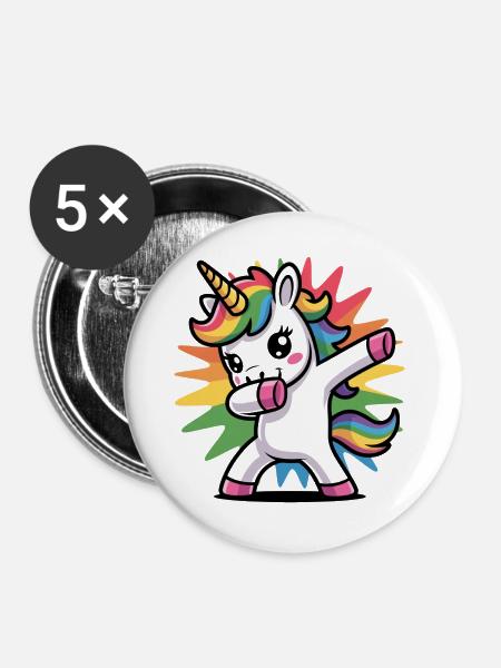 Buntes Einhorn mit Regenbogen-Mähne - Buttons groß 56 mm (5er Pack) - Weiß