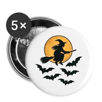 Sorcière volante avec des chauves-souris – Design d’Halloween - Lot de 5 grands badges (56 mm) - blanc - Devant
