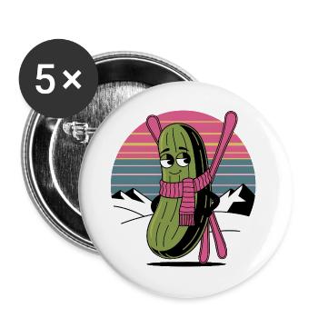 Lustige Gurke Mit Skiern In Den Bergen Retro - Buttons groß 56 mm (5er Pack) - Weiß - Vorne