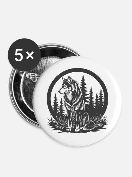 Waldwolf Silhouette im Kreis - Buttons groß 56 mm (5er Pack) - Weiß