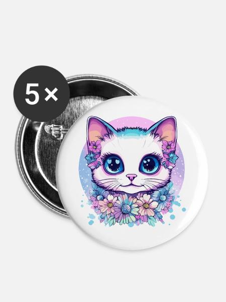 Pastellkätzchen mit Blumenkranz - Buttons groß 56 mm (5er Pack) - Weiß