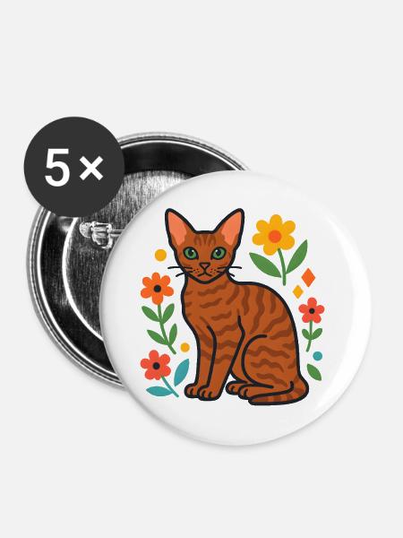 Devon Rex' Katze in der Blumenparade - Buttons groß 56 mm (5er Pack) - Weiß