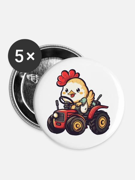 Huhn Traktor Farmer - Buttons groß 56 mm (5er Pack) - Weiß