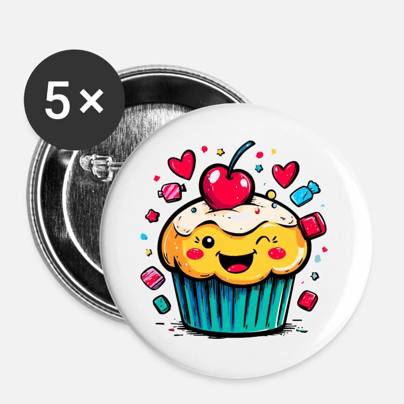 Kawaii Cupcake mit Kirschgesicht - Buttons groß 56 mm (5er Pack) - Weiß