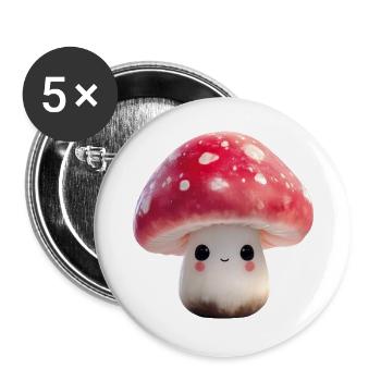 Pilz Kawaii mit Gesicht - Buttons groß 56 mm (5er Pack) - Weiß - Vorne
