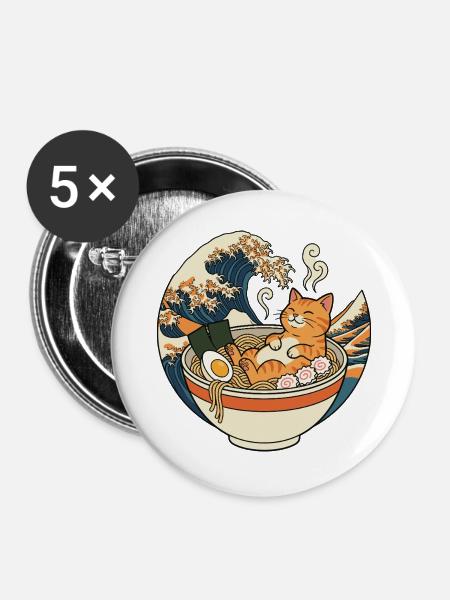 Ramen Katze - Buttons groß 56 mm (5er Pack) - Weiß