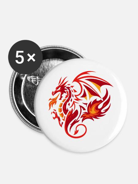 Tribal Drache Flammenrot Tattoo Stil - Buttons groß 56 mm (5er Pack) - Weiß