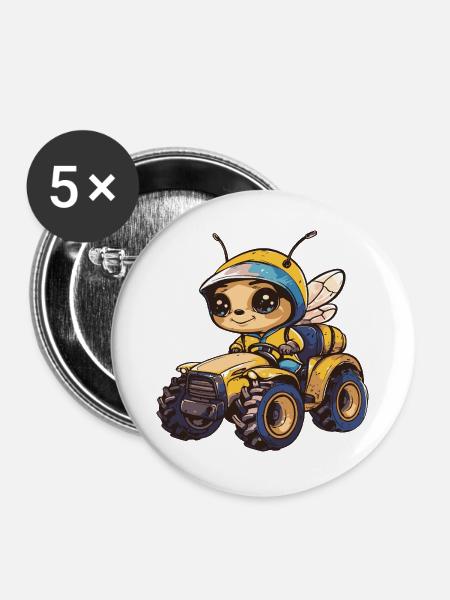 Biene Traktor Farmer - Buttons groß 56 mm (5er Pack) - Weiß