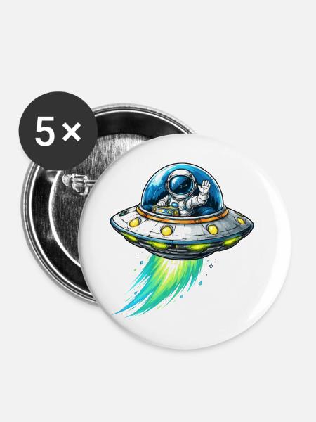 UFO-Astronaut im Funkenflug - Buttons groß 56 mm (5er Pack) - Weiß