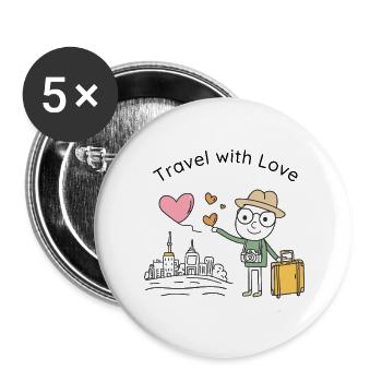 Reisen mit Liebe – Fröhlicher Reisender - Buttons groß 56 mm (5er Pack) - Weiß - Vorne
