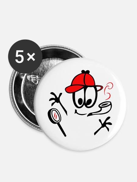 Detektiv mit Pfeife - Buttons groß 56 mm (5er Pack) - Weiß