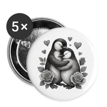 Umarmende Pinguine mit Rosen - Buttons groß 56 mm (5er Pack) - Weiß - Vorne