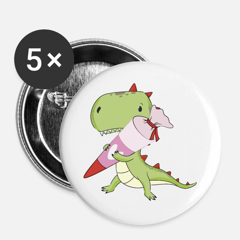 DINO with pink school cone, school - Buttons large 2.2''/56 mm (5-pack) - white