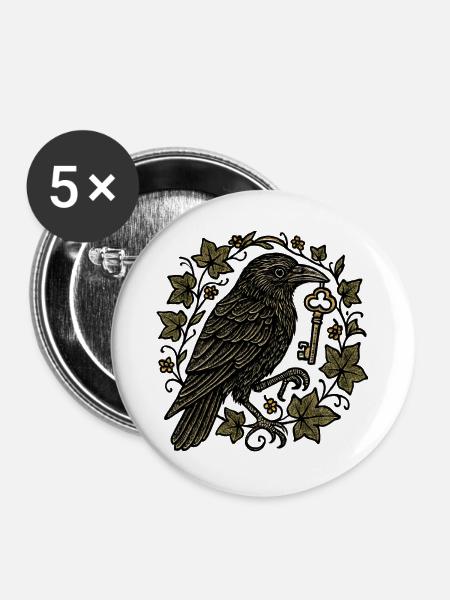 Rabe mit Schlüssel im Efeu - Buttons groß 56 mm (5er Pack) - Weiß