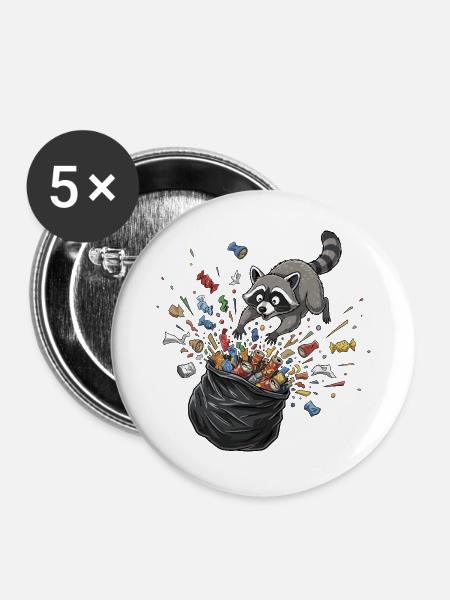 Waschbär Trash-Party Müllchaos - Buttons groß 56 mm (5er Pack) - Weiß