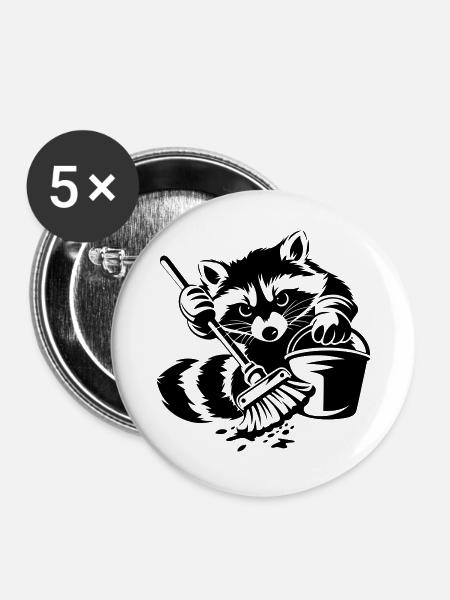 Waschbär mit Eimer & Mopp - Buttons groß 56 mm (5er Pack) - Weiß
