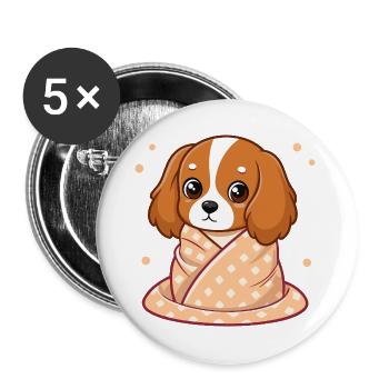 Chien Cavalier câlin en plaid pastel - Lot de 5 grands badges (56 mm) - blanc - Devant