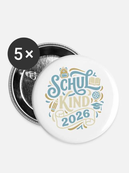 Schulkind 2026  - Buttons groß 56 mm (5er Pack) - Weiß