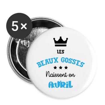 Cadeau naissance bébé garçon Avril Beaux Gosses - Lot de 5 grands badges (56 mm) - blanc - Devant