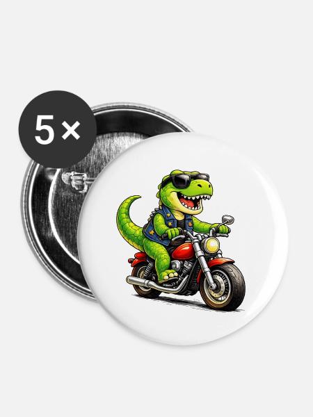 Biker-Dinosaurier - Buttons groß 56 mm (5er Pack) - Weiß