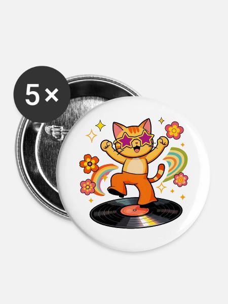 Disco-Katze auf farbigem Vinyl - Buttons groß 56 mm (5er Pack) - Weiß