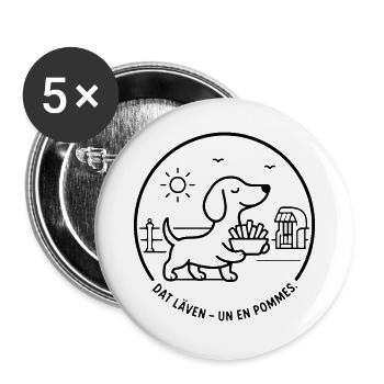 Dackel dat Läven un een Pommes - Buttons groß 56 mm (5er Pack) - Weiß - Vorne