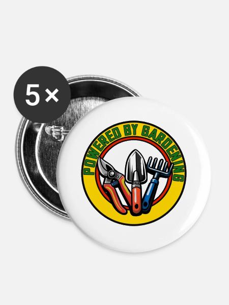 Gärtnern, Kreislogo mit Werkzeugen - Buttons groß 56 mm (5er Pack) - Weiß