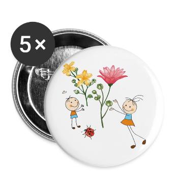 Acclamations d’enfants avec des fleurs colorées - Lot de 5 grands badges (56 mm) - blanc - Devant