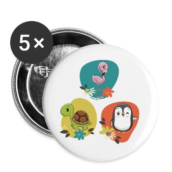 Pingouin Tortue flamant rose - Lot de 5 grands badges (56 mm) - blanc - Devant