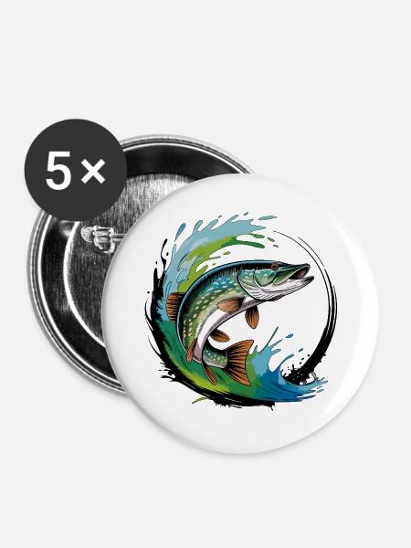 Hecht Angeln - Buttons groß 56 mm (5er Pack) - Weiß