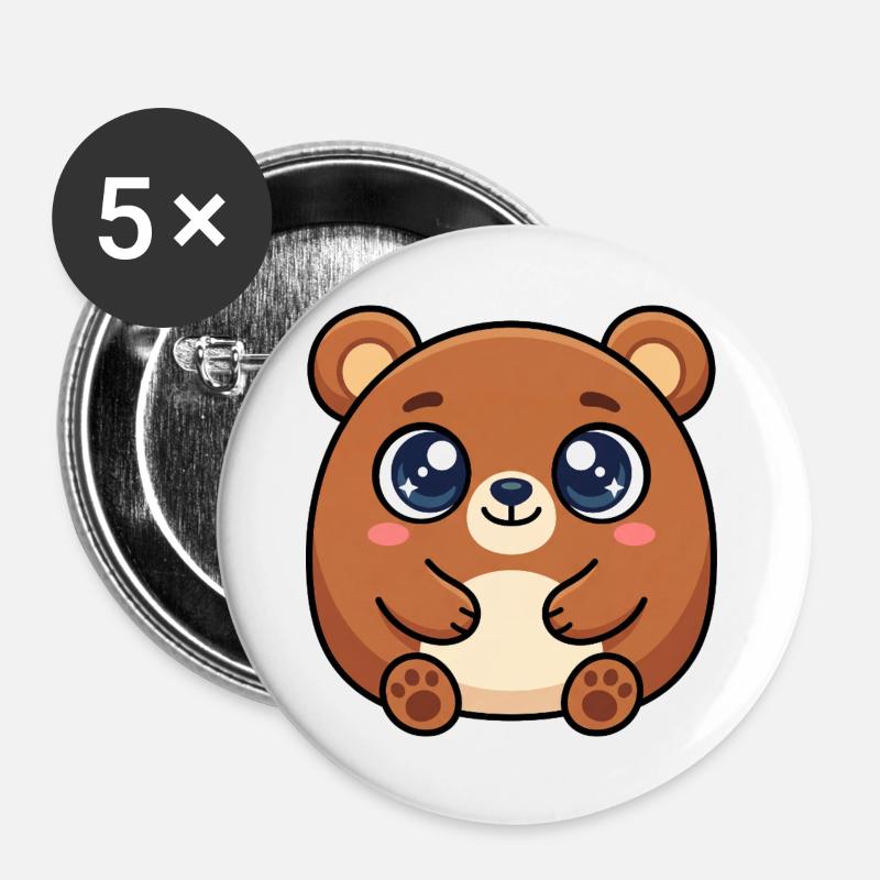 Kuschelbär mit großen funkelnden Augen - Buttons groß 56 mm (5er Pack) - Weiß