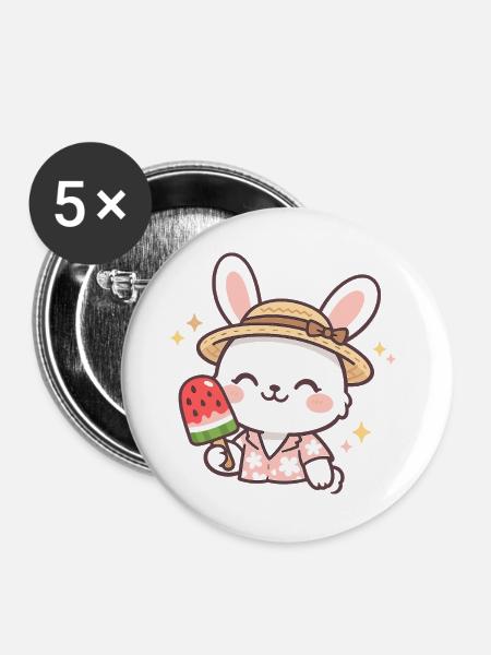 Sommerhäschen mit Wassermelone Eis - Buttons groß 56 mm (5er Pack) - Weiß