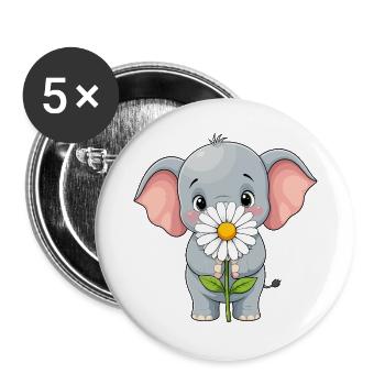 Kleiner Elefant mit Blume - Buttons groß 56 mm (5er Pack) - Weiß - Vorne