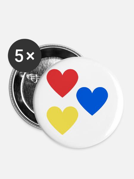 Herz-Trio in Primärfarben - Buttons groß 56 mm (5er Pack) - Weiß