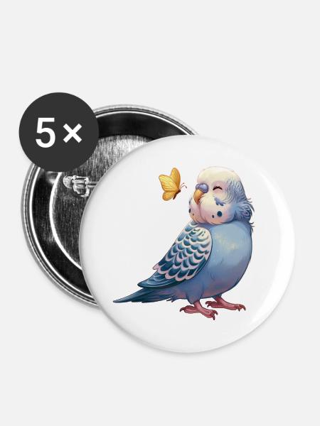 Wellensittich mit Schmetterling - Buttons groß 56 mm (5er Pack) - Weiß