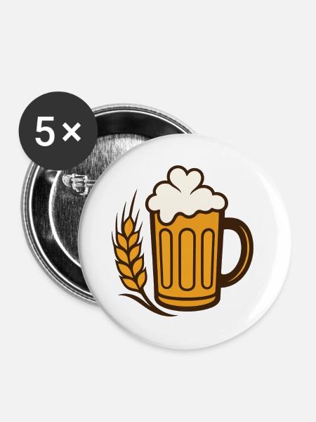 Goldenes Bierglas mit Weizen - Buttons groß 56 mm (5er Pack) - Weiß